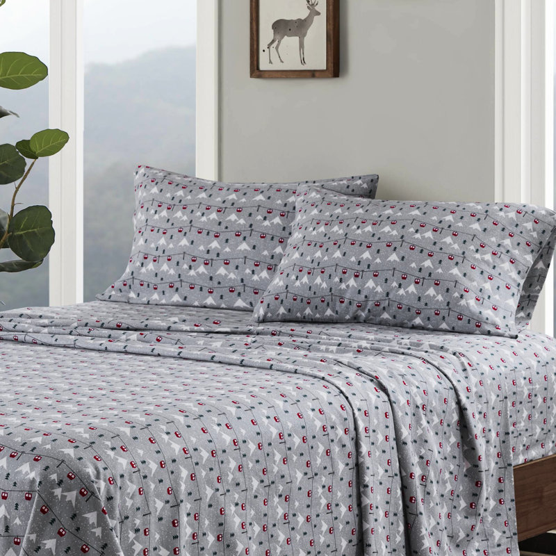 100% flanelle de coton, drap de saut à ski 4 pièces gris, velours doux par brossage, - élastique ajusté, lavable à la machine en flanelle, doublement brossé pour plus de douceur, avec 1 plat, 2 taies d'oreiller