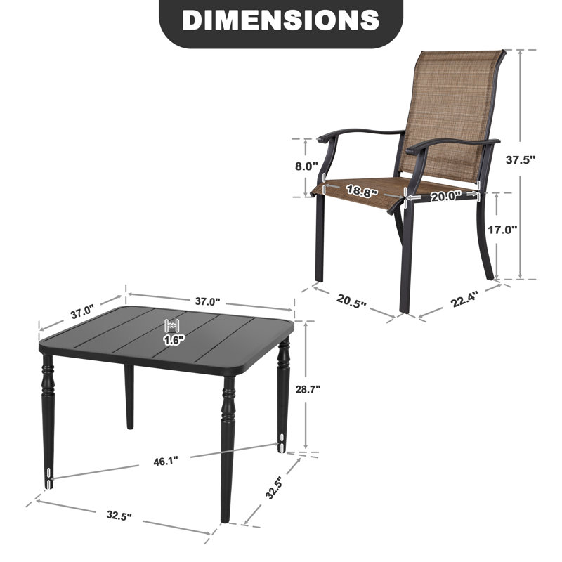 Patio PVC-coated polyester Dining Set Of 5 With Umbrella Hole, Wood-grain Tabletop, Black