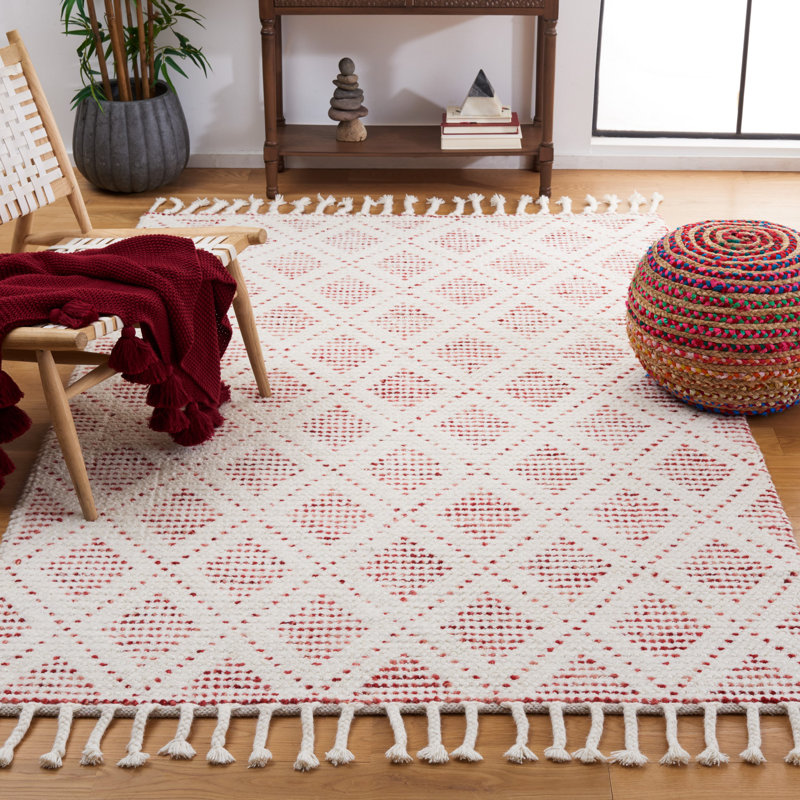 Tapis rouge / ivoire en laine et coton tissé à la main bolologique, Rectangle 6 pi x 9 pi