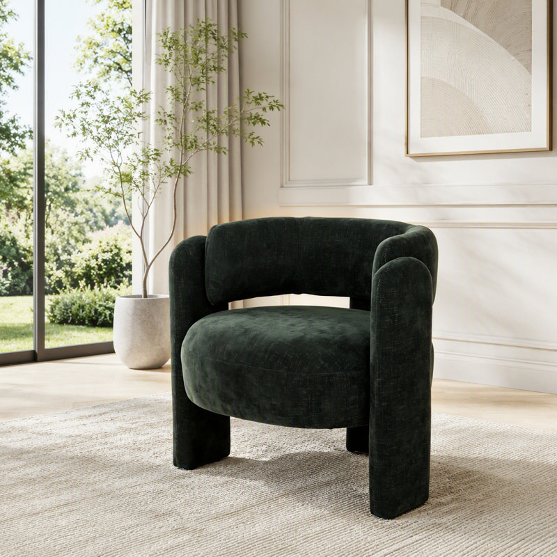 Fauteuil demi-tonneau sculptural avec tissu texturé Sculptural, Green Fabric