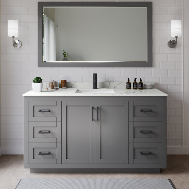 Meuble-lavabo simple autoportant de 66 po avec plateau en quartz Miranda, Quartz Giotto, Gris foncé, Noir mat