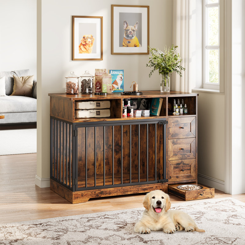 Mobilier pour cage de chien avec bols d'alimentation, Brun