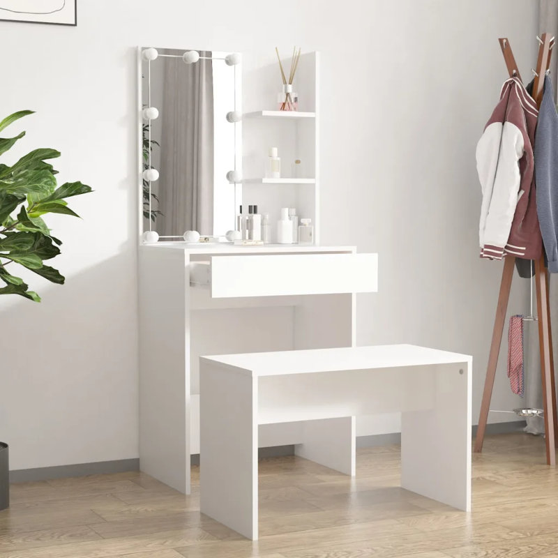 Itasha Dressing Table Set with LED Engineered Wood, White