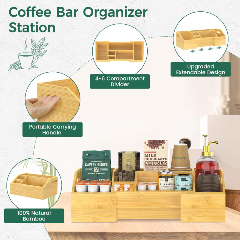 Bamboo Extendable Coffee Station Organizer with Multiple Compartments