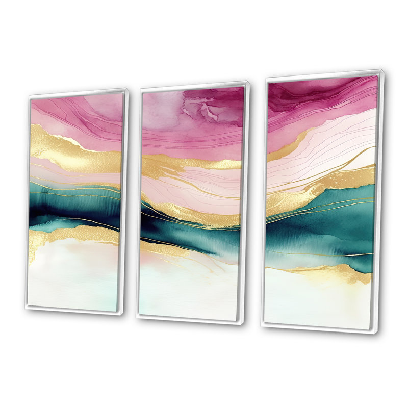 Abstract Geode Marble Waves Pink III - ensemble d'art mural abstrait en toile marbrée, H 32 po x l 48 po x P 1 po