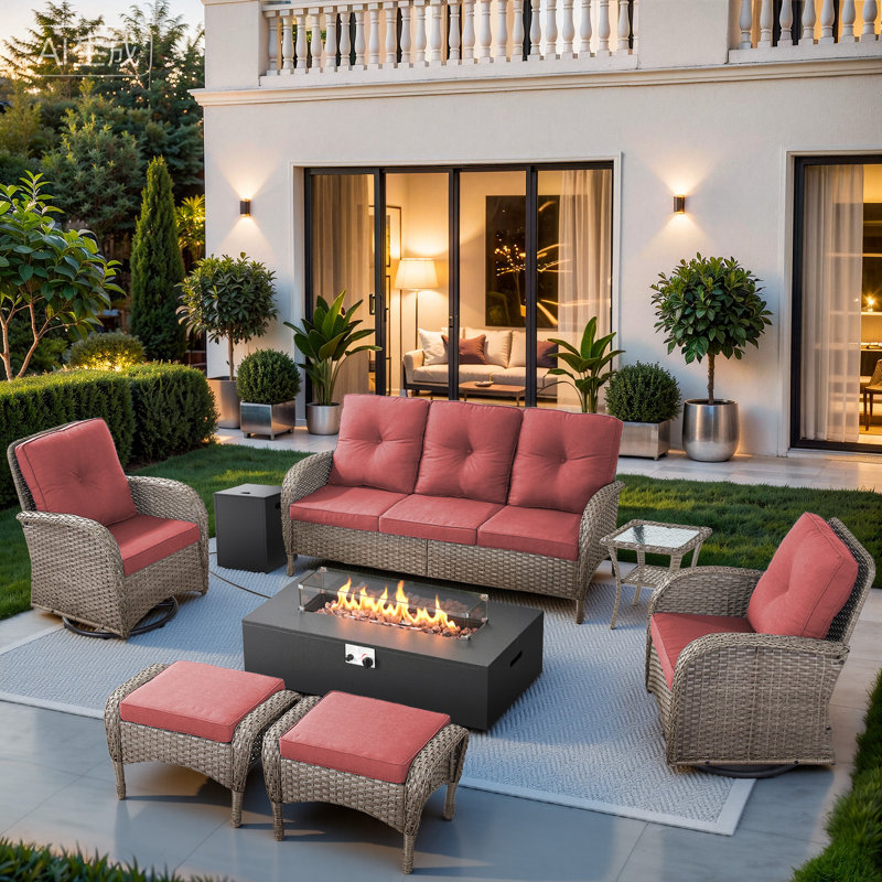 Bruner 7-Piece Swivel Wicker Rattan Patio Fire Pit Conversation Set With Hidden Tank Holder And Ottomans