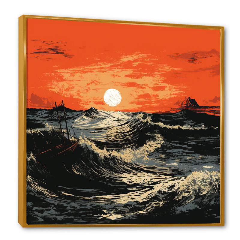 «Tangerine Skies Ocean Waves 4 - Coastal Sunset», art mural, Encadrement doré, H 36 po x l 36 po
