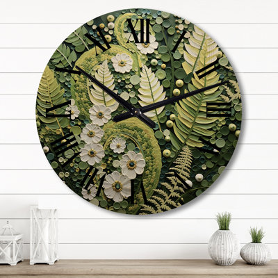 Light Green Ferns Plant Whimsical Spirals I - Floral Oversized Wood Wall Clock