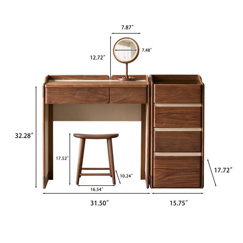 Table de meuble-lavabo de luxe 47,24 po en noyer clair - combinaison de commode modulaire, bords chanfreinés arrondis, tiroir à code, trou de gestion des câbles, espace de rangement encastré, glissières en métal lisse, pour rangement de coin de chambre et de bijoux