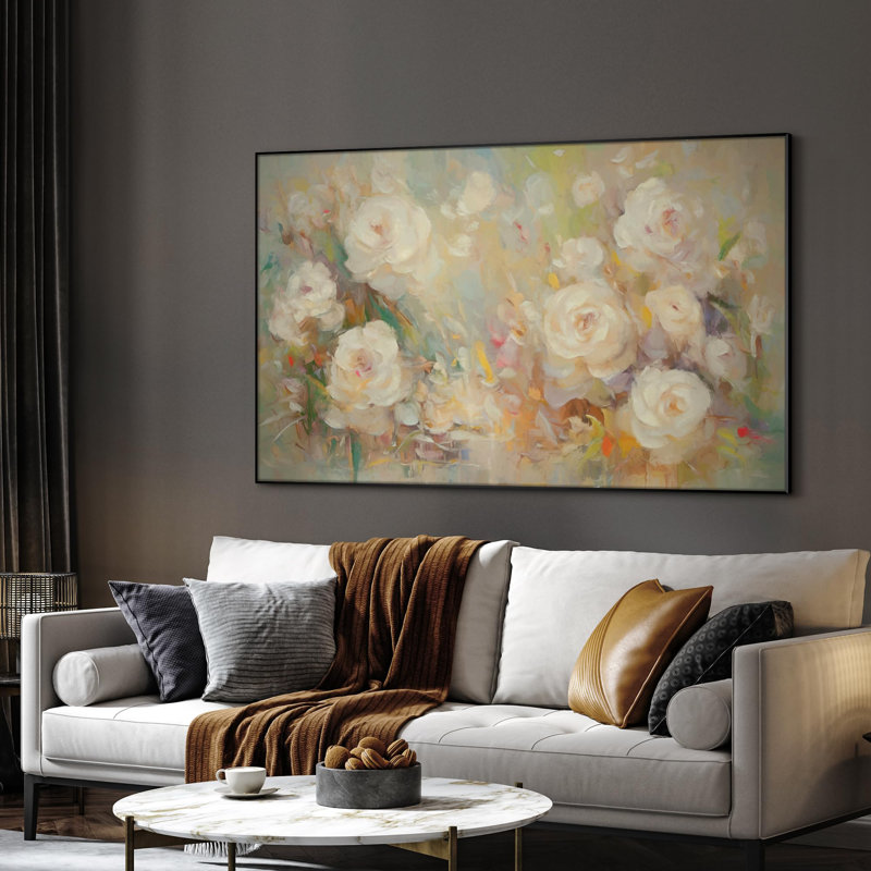 Extra Large Wall Art Fabric Print - Soft Pastel Roses in Abstract Impressionist Style Artwork Decor for Living Room or Bedroom - "Frame Assembly Required (Unfinished Frame)"
