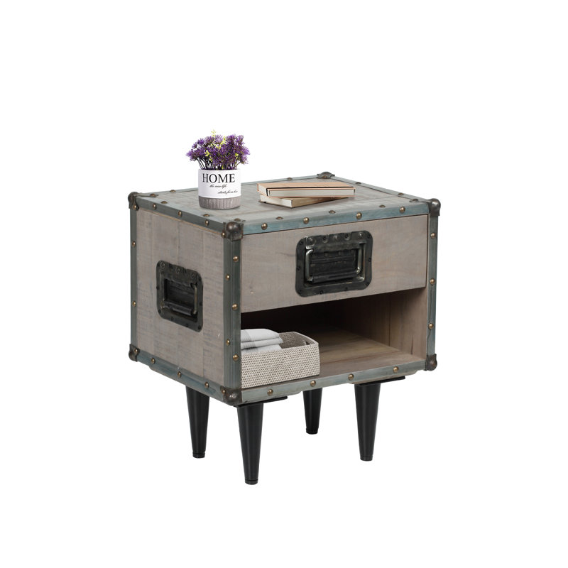 Table de bout en bois massif avec rangement Etana, Gris délavé