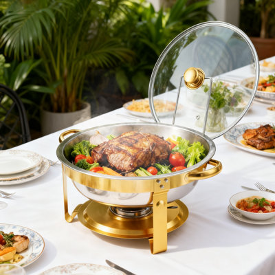 Ensemble de 4 chafing dishes ronds en acier inoxydable plaqué or de 6 pintes avec couvercles en verre – Service de buffet et de fondue haut de gamme pour fêtes, buffets, mariages et anniversaires – Lot de 4