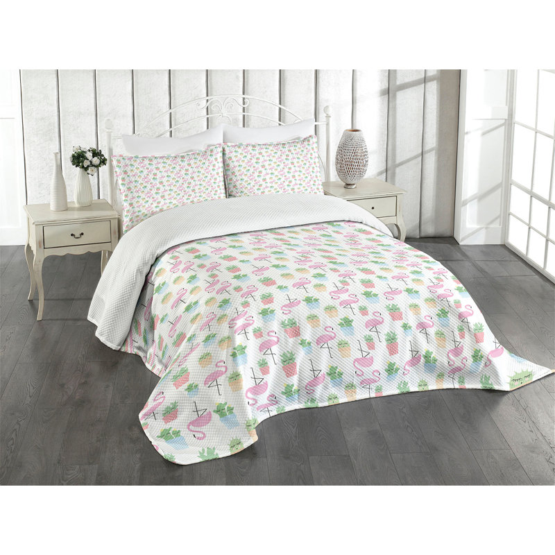 Ambesonne Cactus Bedspread Set  Sleeping Foliage Birds  Multicolor, King Coverlet / Bedspread + 2 Standard Shams