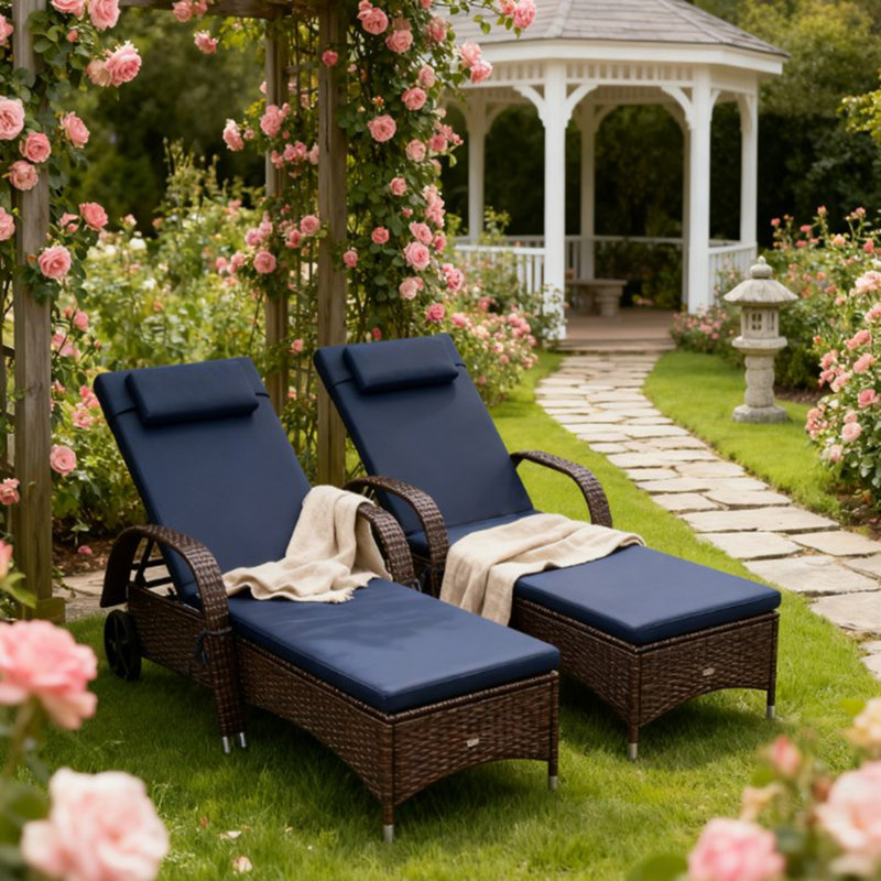 Rolling Outdoor Rattan Chaise Lounge Chairs With Cushions, Pillows, And Adjustable Backrests For Ultimate Comfort, Blue, 2