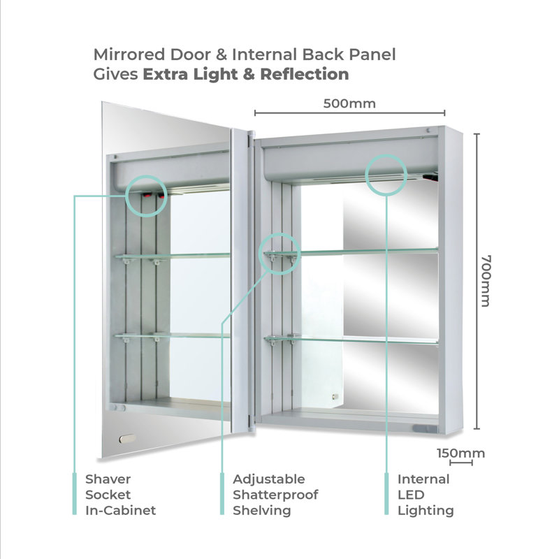 Seiber Surface Mirrored Bathroom Cabinets with Mirror and 2 Adjustable Shelves
