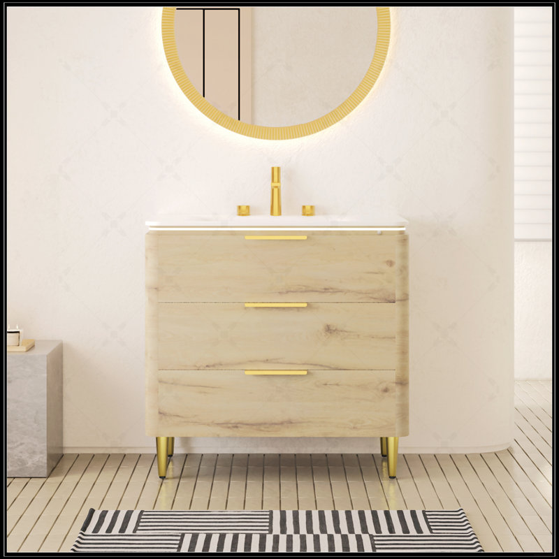 Meuble-lavabo autoportant avec lavabo en pierre frittée, 3 tiroirs et mécanisme de fermeture en douceur pour un rangement élégant