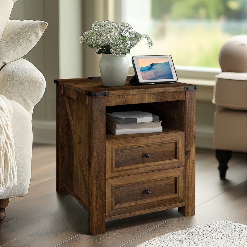 Tables de chevet avec station de charge, table de chevet rustique de 18 pouces avec 2 tiroirs de rangement et tablette ouverte