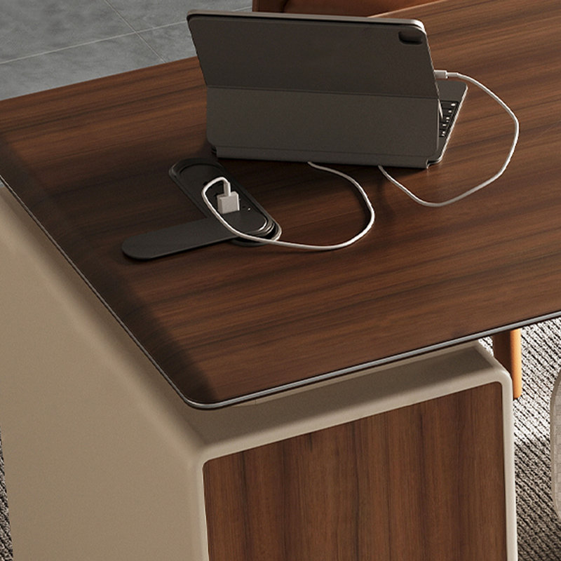 Bureau rectangulaire en bois manufacturé brun noisette + blanc avec 1 tiroir, Retour à droite