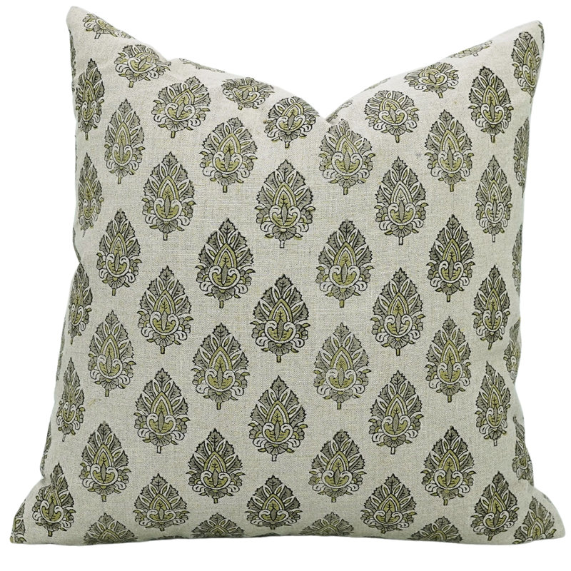 Coussin décoratif en lin imprimé à la main à motif de blocs de feuilles de Betal pour canapé, canapé et décoration intérieure
