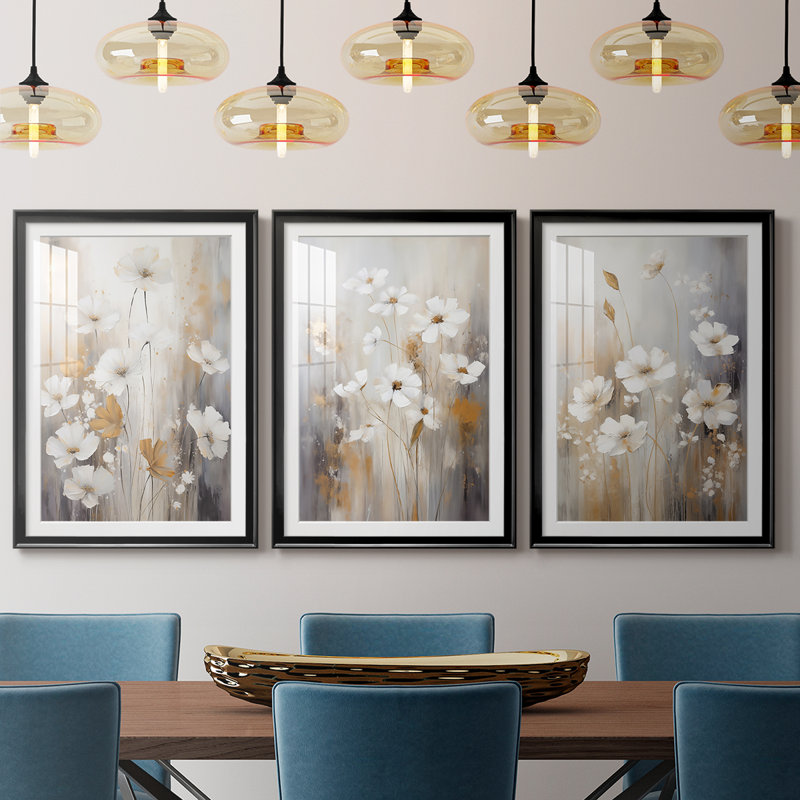 FLORAL Series CCCCXXI - Impression encadrée sur mesure de qualité supérieure - 3 pièces, H 19 po x l 27 po, Noir