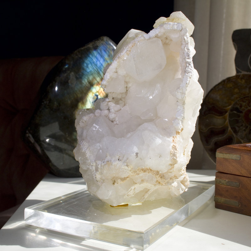 Translucent Apophyllite on Chalcedony. Acrylic Mounted.