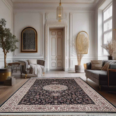 Minyatur Navy & White Medallion Area Rug – Traditional Low-Pile Woven Viscose Carpet for Living Room, Bedroom & Entryway