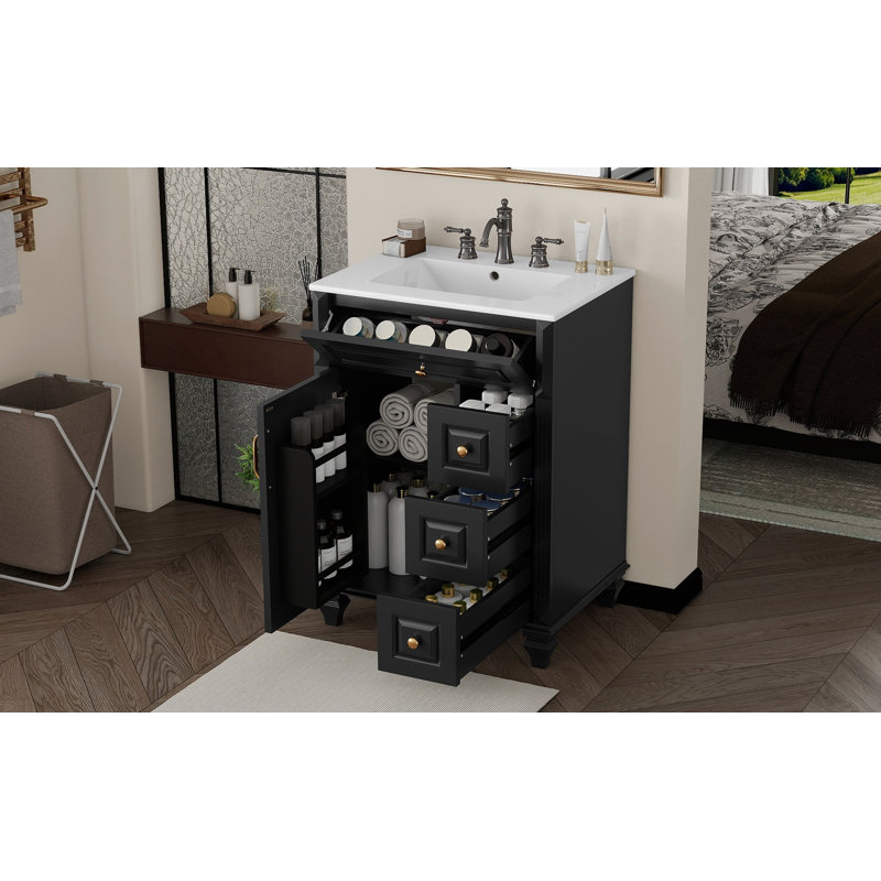 Meuble-lavabo autoportant 24 po avec lavabo en céramique, tiroir escamotable et rangement pour armoire Capsella, Noir