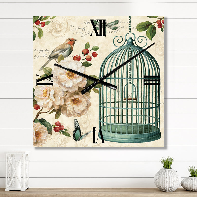 Blue Cottage Bird Birdcage and Apple Blossoms II - Traditional Wall Clock, Small