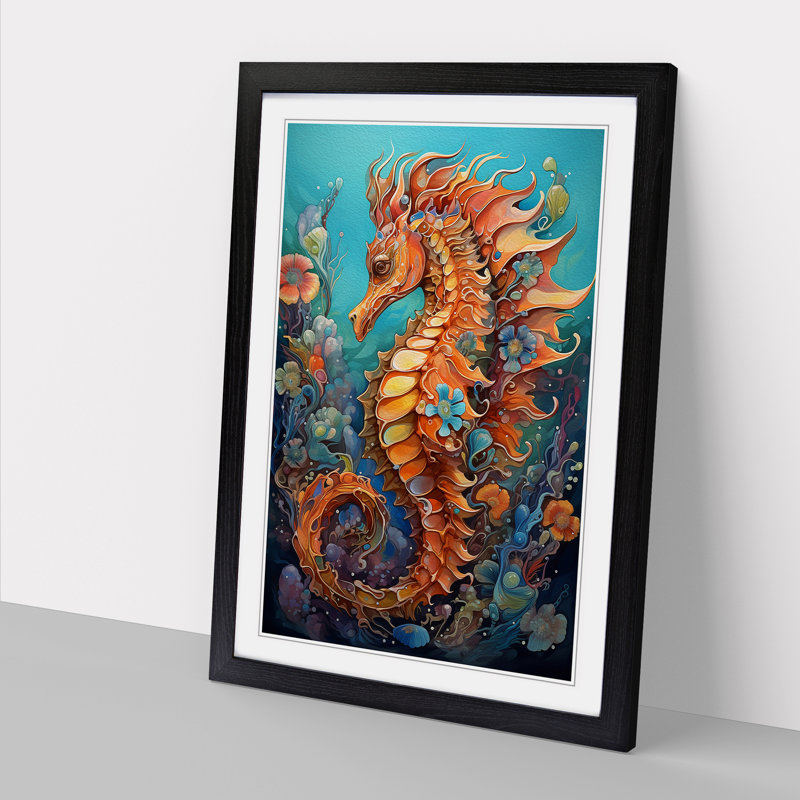 Seahorse Expressionism - Single Picture Frame Print on Wood, Black, 46cm H x 34cm W x 2cm D