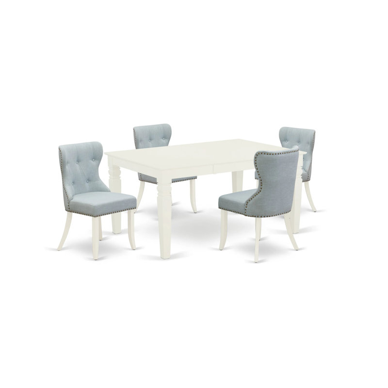 Ensemble de table de salle à manger 5 pièces comprenant une table rectangulaire en bois avec feuille papillon et 4 chaises rembourrées en tissu bleu lin, blanc lin