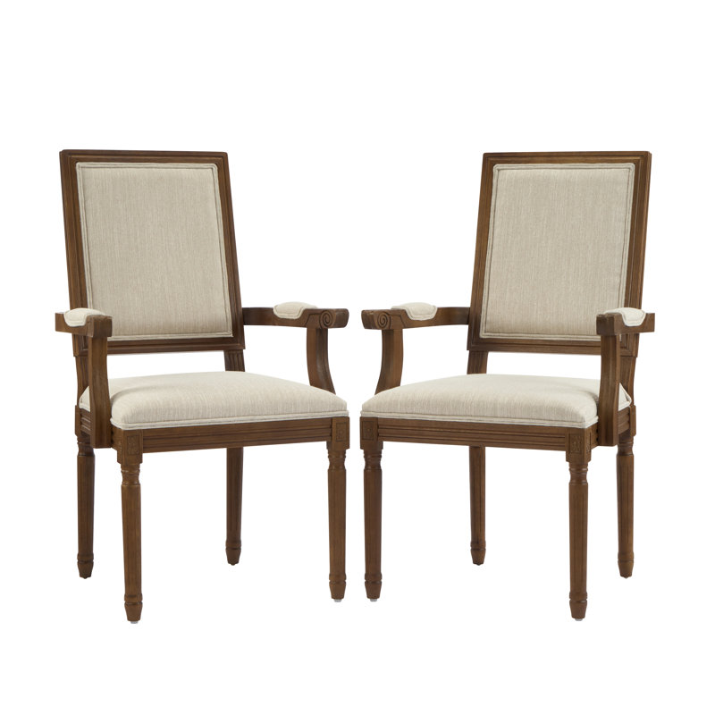 Chaise avec accoudoirs à dossier très grand en bois massif Ethynn, 2, Beige, Cadre noyer