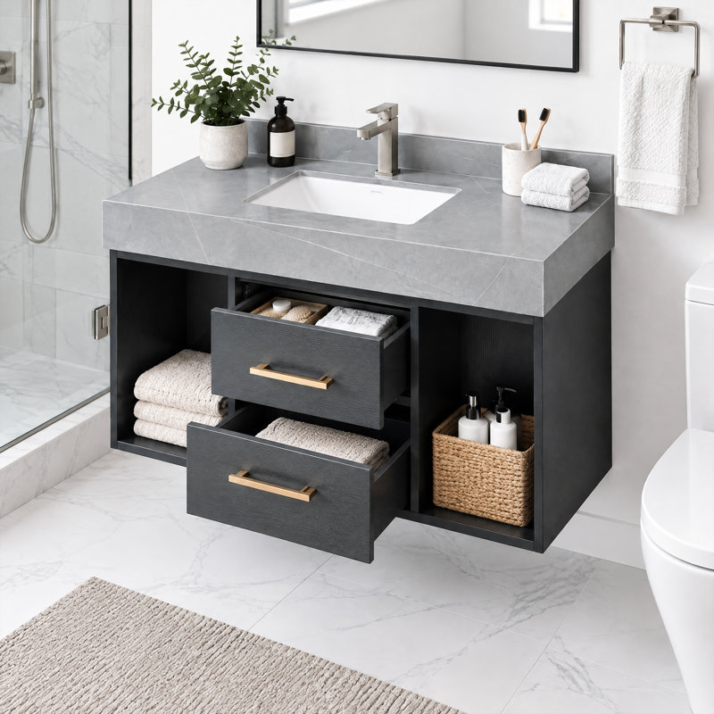 Salle de bain murale moderne 39 po avec lavabo, meubles-lavabos flottants avec deux tiroirs et tablettes, plateau en pierre frittée grise, armoire noire et lavabo en céramique blanche