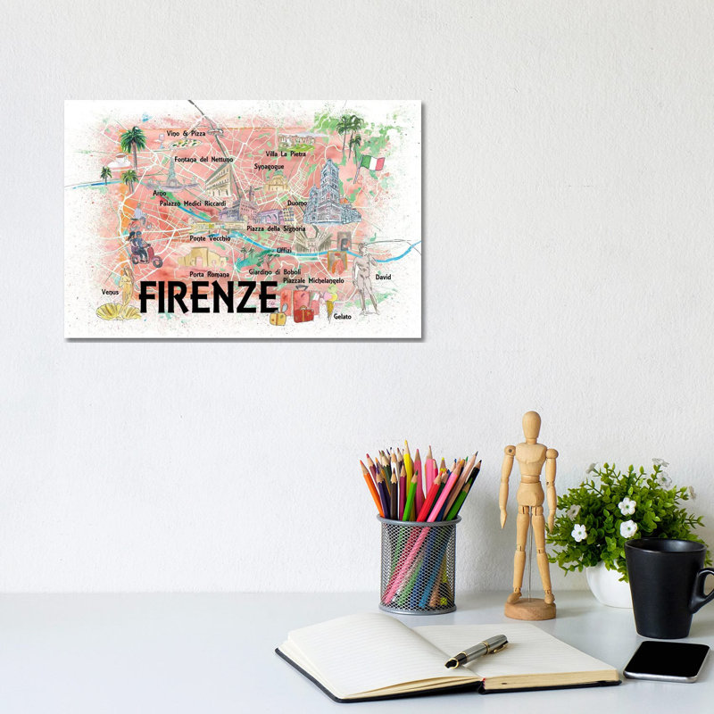 Florence Italy Illustrated Map With Roads Landmarks And Highlights by Markus & Martina Bleichner - Print on Canvas