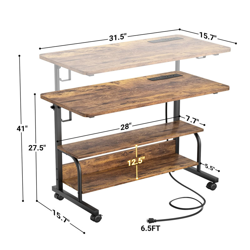 32" Height Adjustable Standing Desk With Power Outlets - Manual Rolling Stand Up Desk With Wheels Small Portable Computer Desk , Rustic