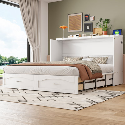 Grand lit escamotable mural avec tiroir, ports USB et d'alimentation intégrés, élévateur à poulie, blanc - Mobilier de chambre à coucher peu encombrant