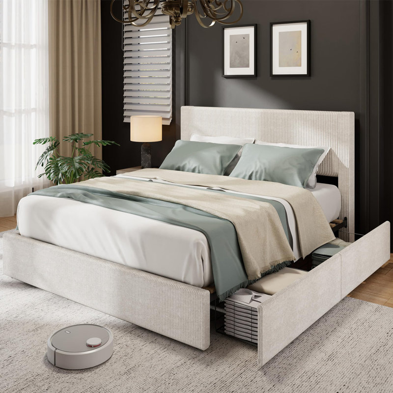 Queen Size Tufted Corduroy Upholstered Platform Bed Frame - Wingback Headboard, 4 Storage Drawers, Strong Wooden Slats, No Box Season Needed, Bedroom Furniture - Black