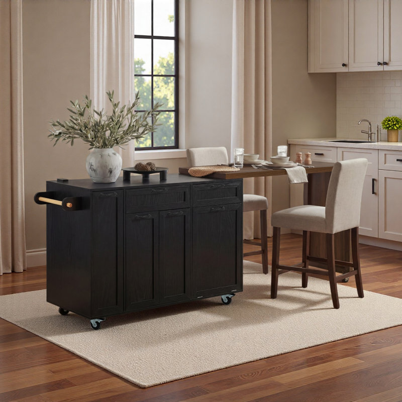 102.3" Kitchen Rolling Island Cart With Extendable Dining Table, Kitchen Island With 3-tier Pull-out Spice Rack, Trash Storage Cabinet,  Mobile Island Table On Wheels For Dining Room, Kitchen