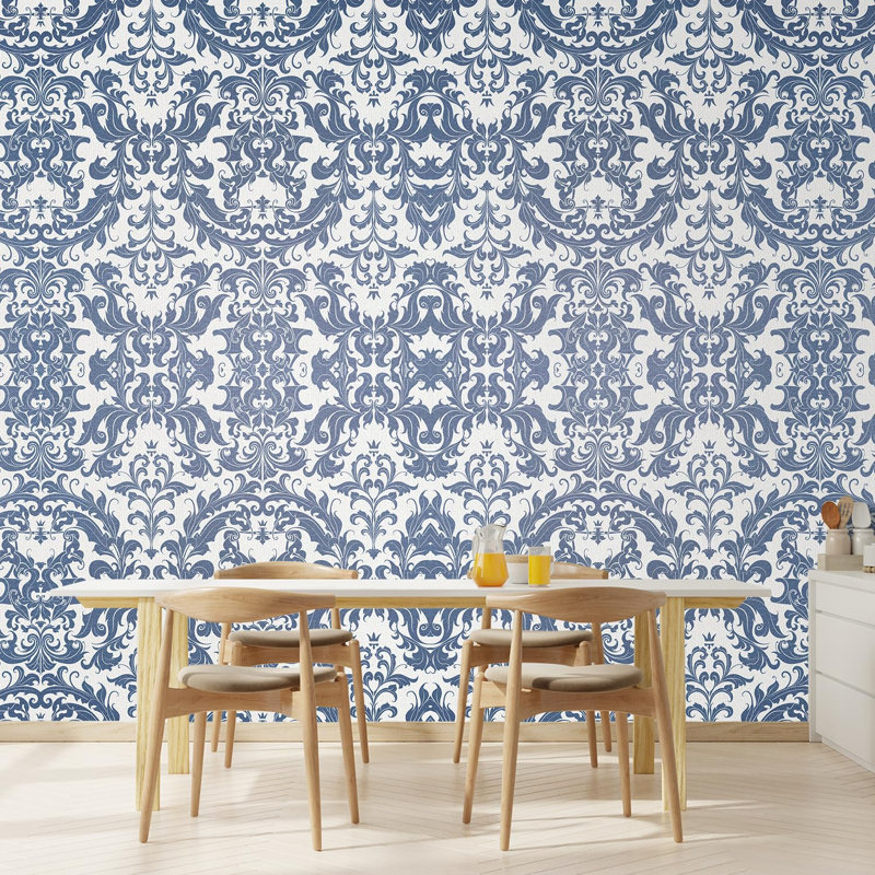 Motif damassé classique bleu classique, L 108 po x l 144 po
