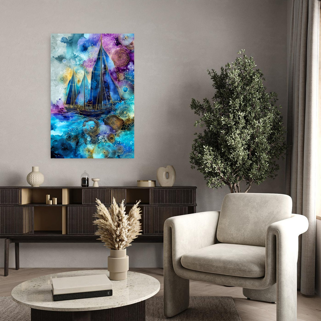 Cosmic Sailboats Journey Abstract Dreamy Ethereal Ocean Seascape Wall Art Print