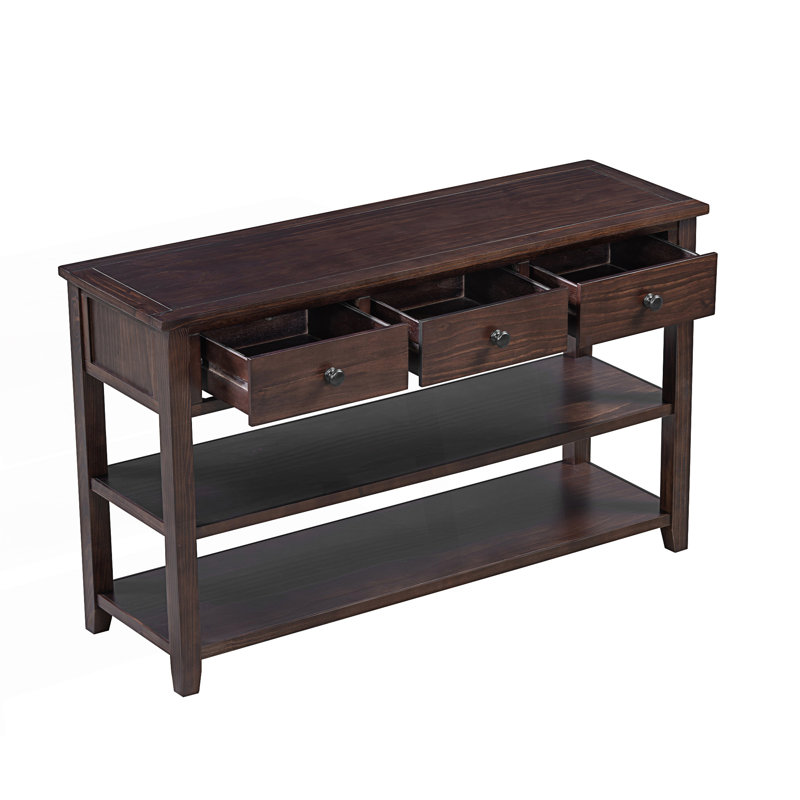 Console rétro avec deux tablettes ouvertes, structure en bois de pin massif