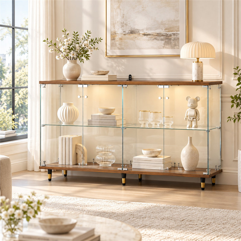 Vitrine vitrée de 160 cm de large avec plateau en noyer, 4 portes et éclairage DEL contrôlé par application