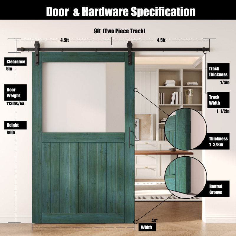 Porte de grange non assemblée et fini en verre avec demi-verre de 48 po x 80 po Homacer Royal Pin, 48 po x 80 po