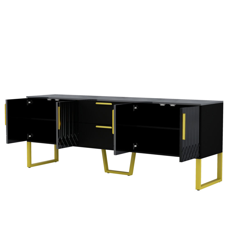 Console 66,9 po avec poignées et pieds en métal, meuble télé moderne, armoire de rangement à 2 portes avec tiroirs, Noir