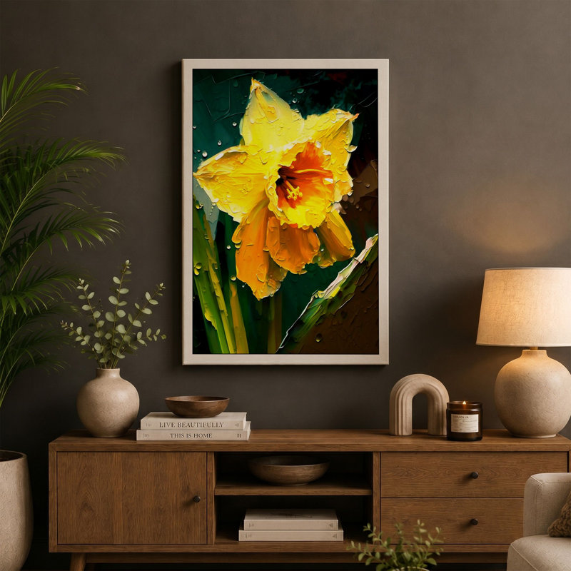 Daffodil with Dewdrops Botanical 1 Piece Wrapped Canvas Wall Art, 30x20 - 76.2 x 50.8 cm, Sage Border