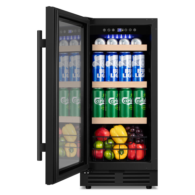 15 Inch Beverage Refrigerator - 130 Can Built-In/Freestanding Beverage Cooler, Beer & Drink Fridge with Metal Basket, Reversible Glass Door