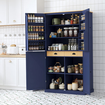 40.2X20x71.3Inch High Freestanding Kitchen Pantry Large Cupboard Storage Cabinet With 2 Drawers, 2 Adjustable Shelves, 8 Door Shelves For Kitchen, Dining Room,Blue