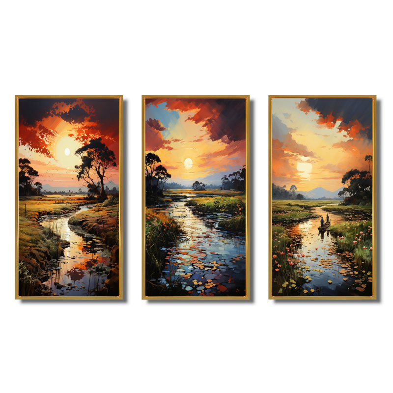 «Vietnam River Delta Sunset», 3 pièces sur toile, Encadrement doré, H 28 po x l 36 po