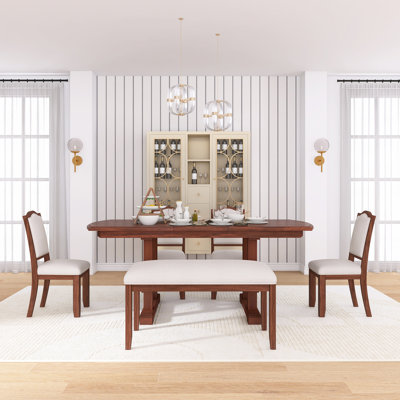 6-Piece Sturdy Solid Wood Frame Dining Table Set,With Rectangular Extendable Wood Table With Removable Leaf,4 Upholsteredchair,1 Bench, Easy Assembly