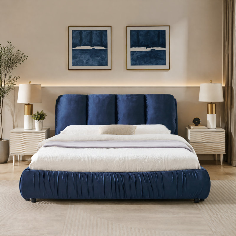Structure de lit tapissier en velours pour grand lit, tête de lit éponge moelleuse, bleu foncé, Dark Blue