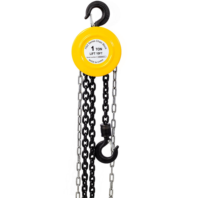 Palan à chaîne 2200 lb 1 t capacité 10 pi avec 2 crochets robustes, Jaune